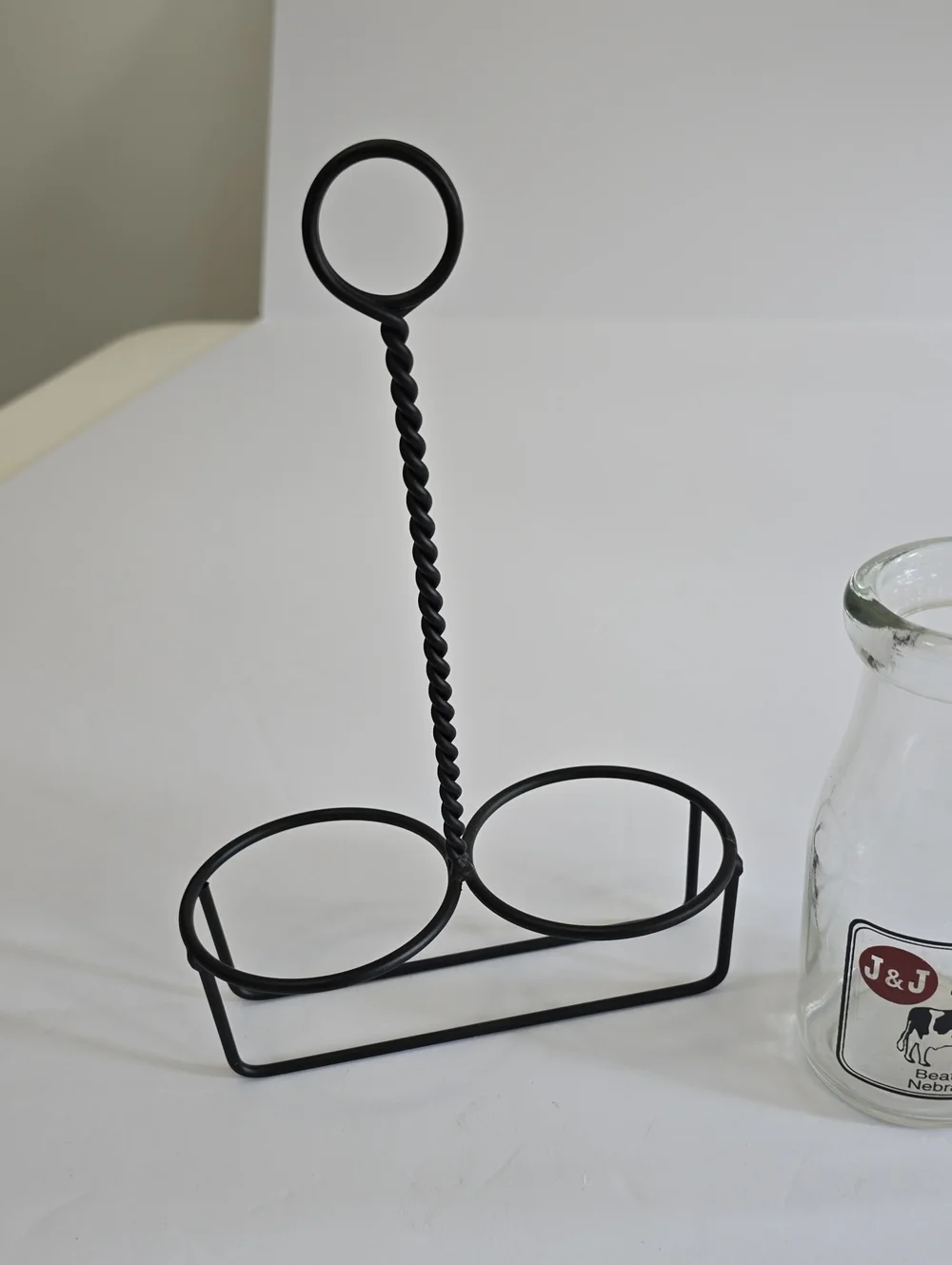 Vintage J&J Farms Set Of 2 Milk Glass Bottle Set With Metal Caddy Beatrice NE
